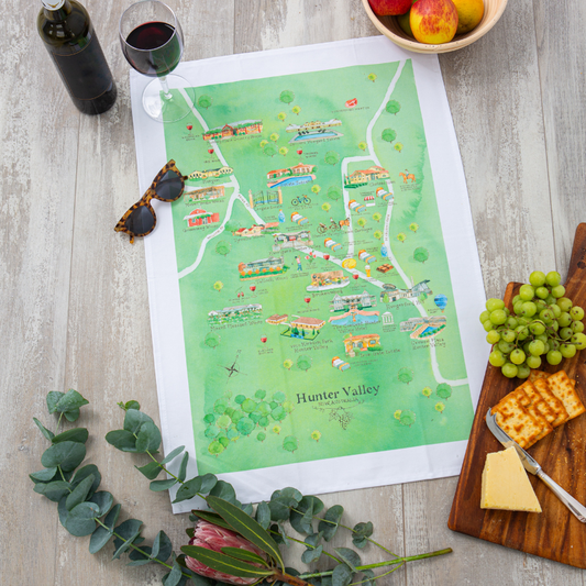 Hunter Valley wine region map tea towel 2.0 iteration styled