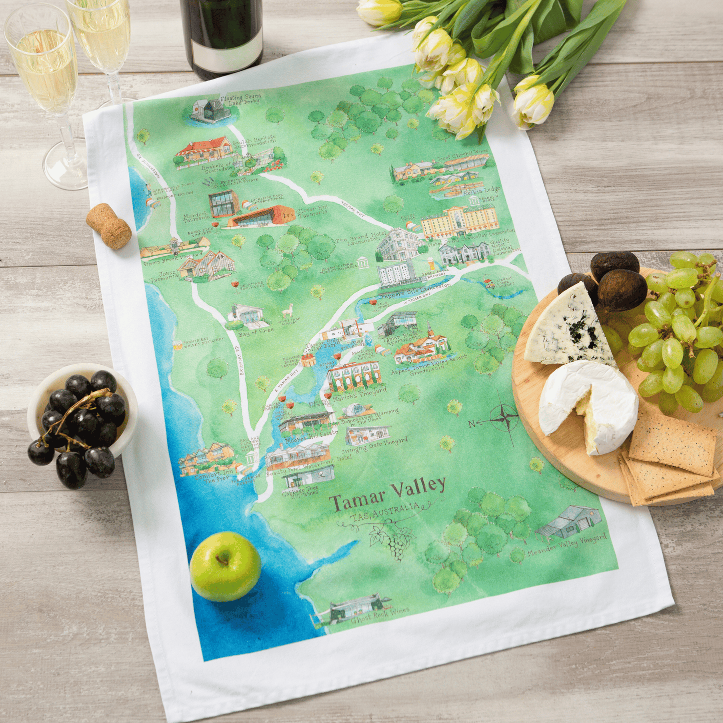 Tamar Valley wine region map tea towel styled