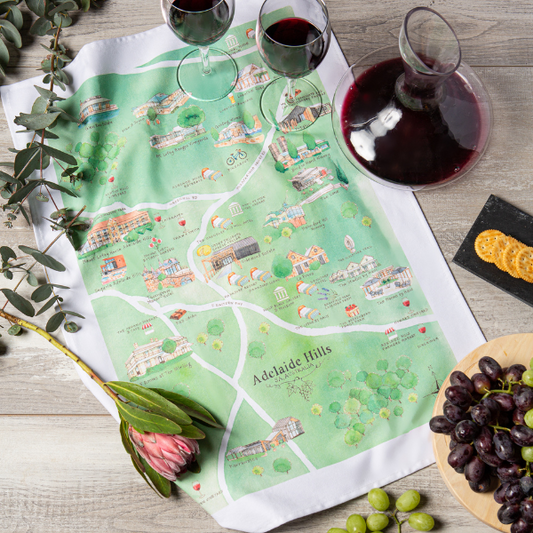 Adelaide Hills wine region map tea towel