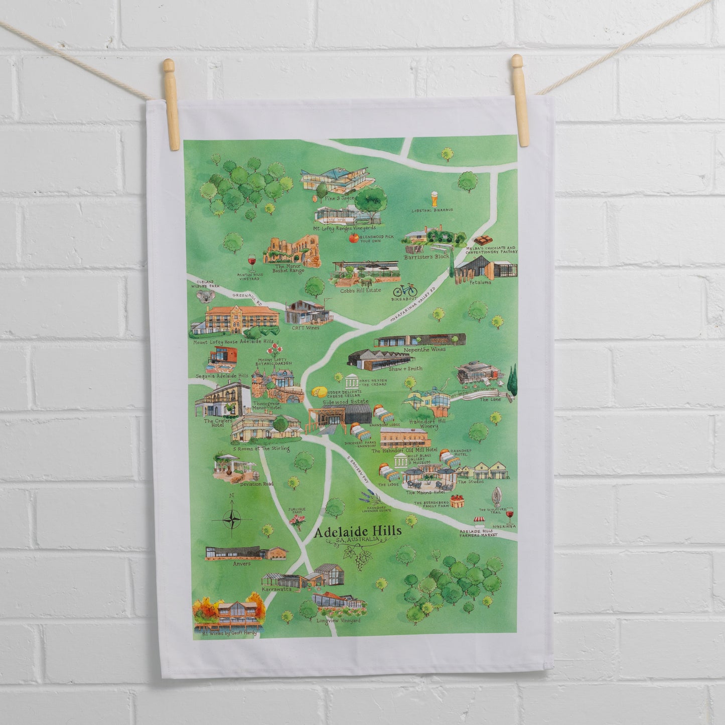 Adelaide Hills 3.0 wine region map tea towel PRE-ORDER suspended on wall