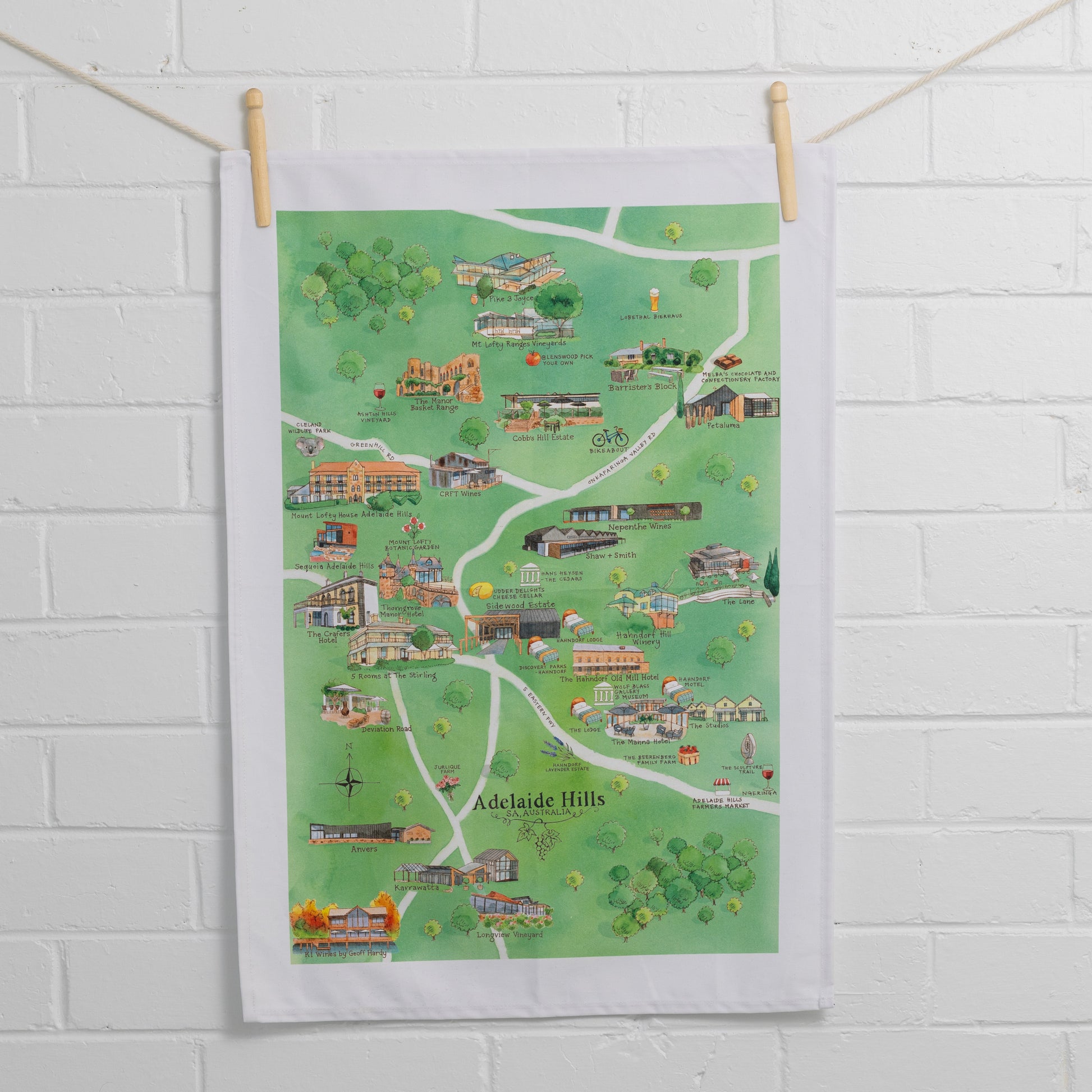 Adelaide Hills 3.0 wine region map tea towel PRE-ORDER suspended on wall