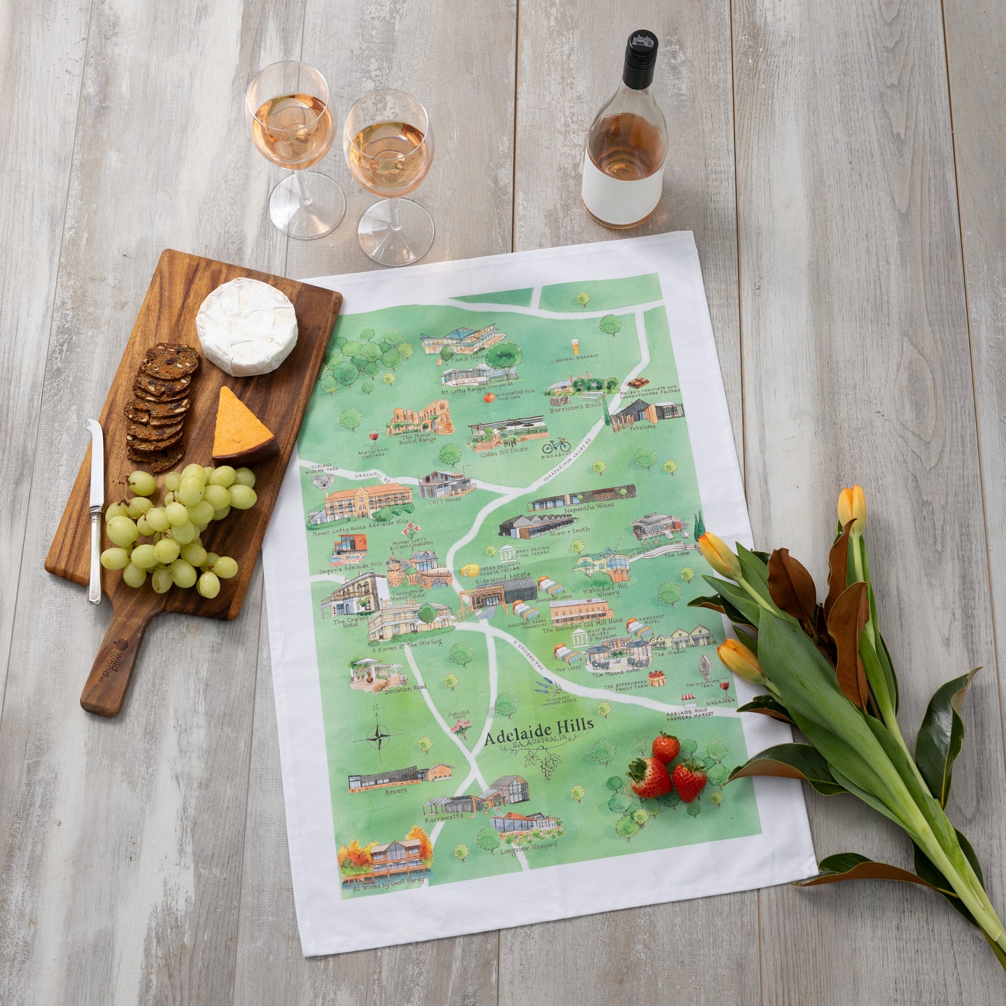 Adelaide Hills 3.0 wine region map tea towel PRE-ORDER styled