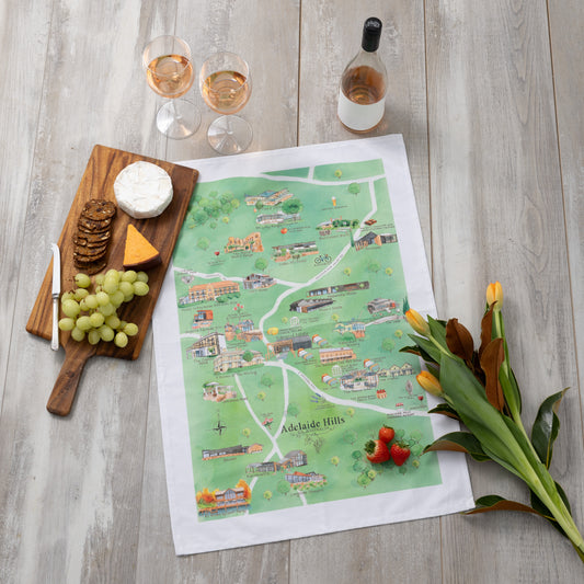 Adelaide Hills 3.0 wine region map tea towel PRE-ORDER styled