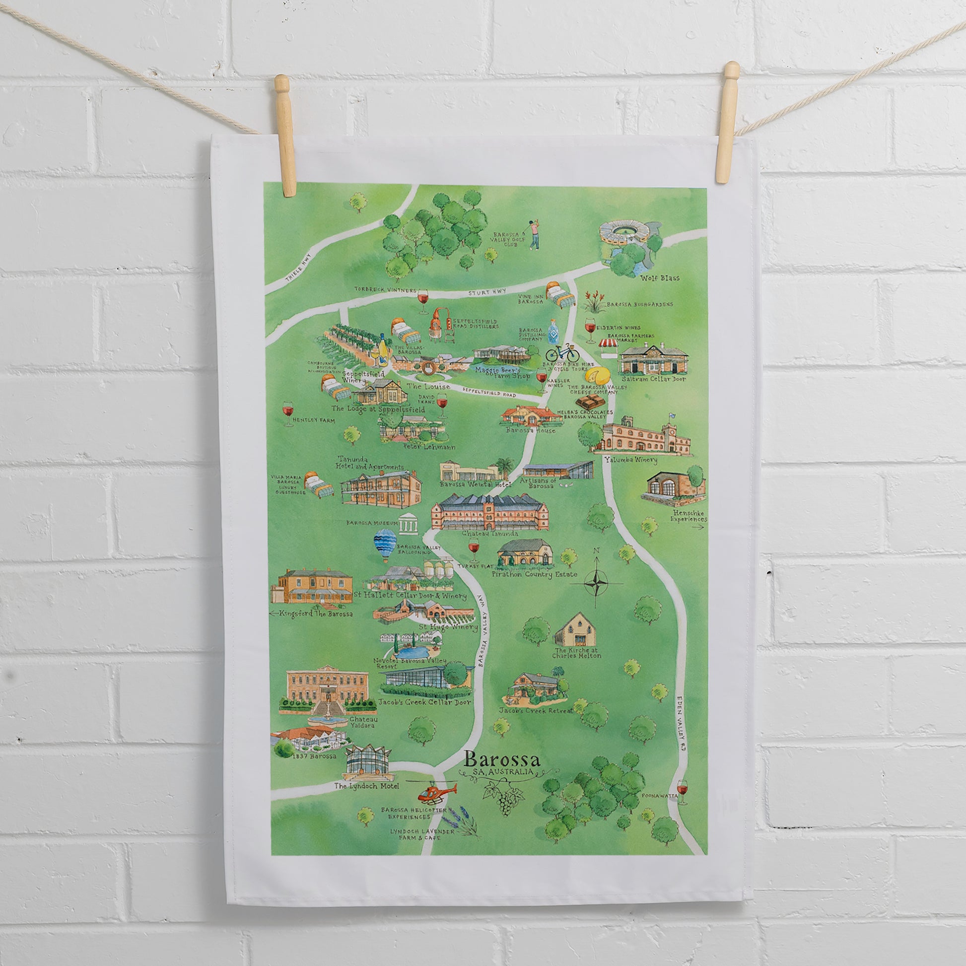 Barossa 3.0 wine region map tea towels suspended on wall