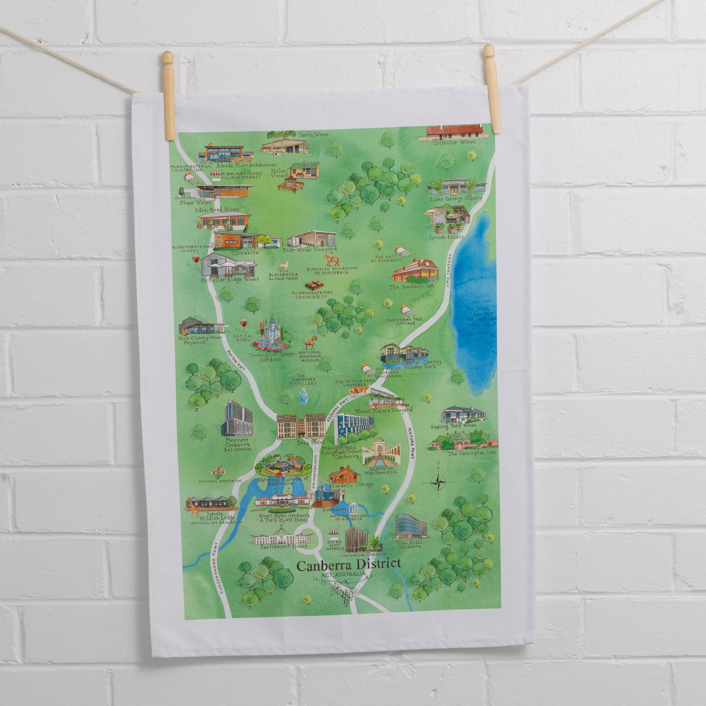 Canberra District 2.0 wine region map tea towel PRE-ORDER suspended on wall