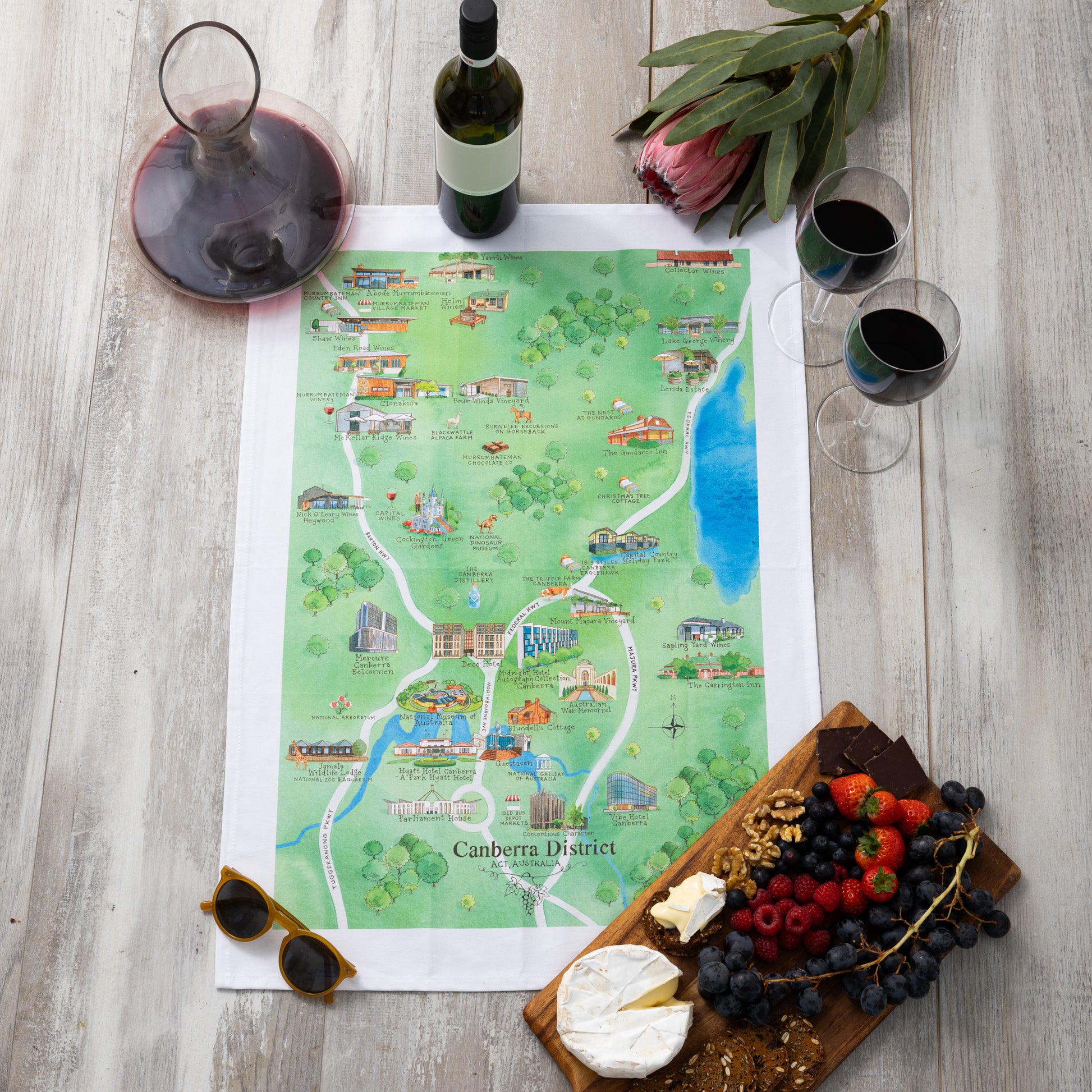 Canberra District 2.0 wine region map tea towel PRE-ORDER styled