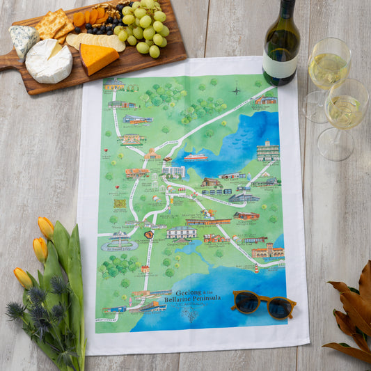 Geelong & the Bellarine Peninsula 2.0 wine region map tea towel styled