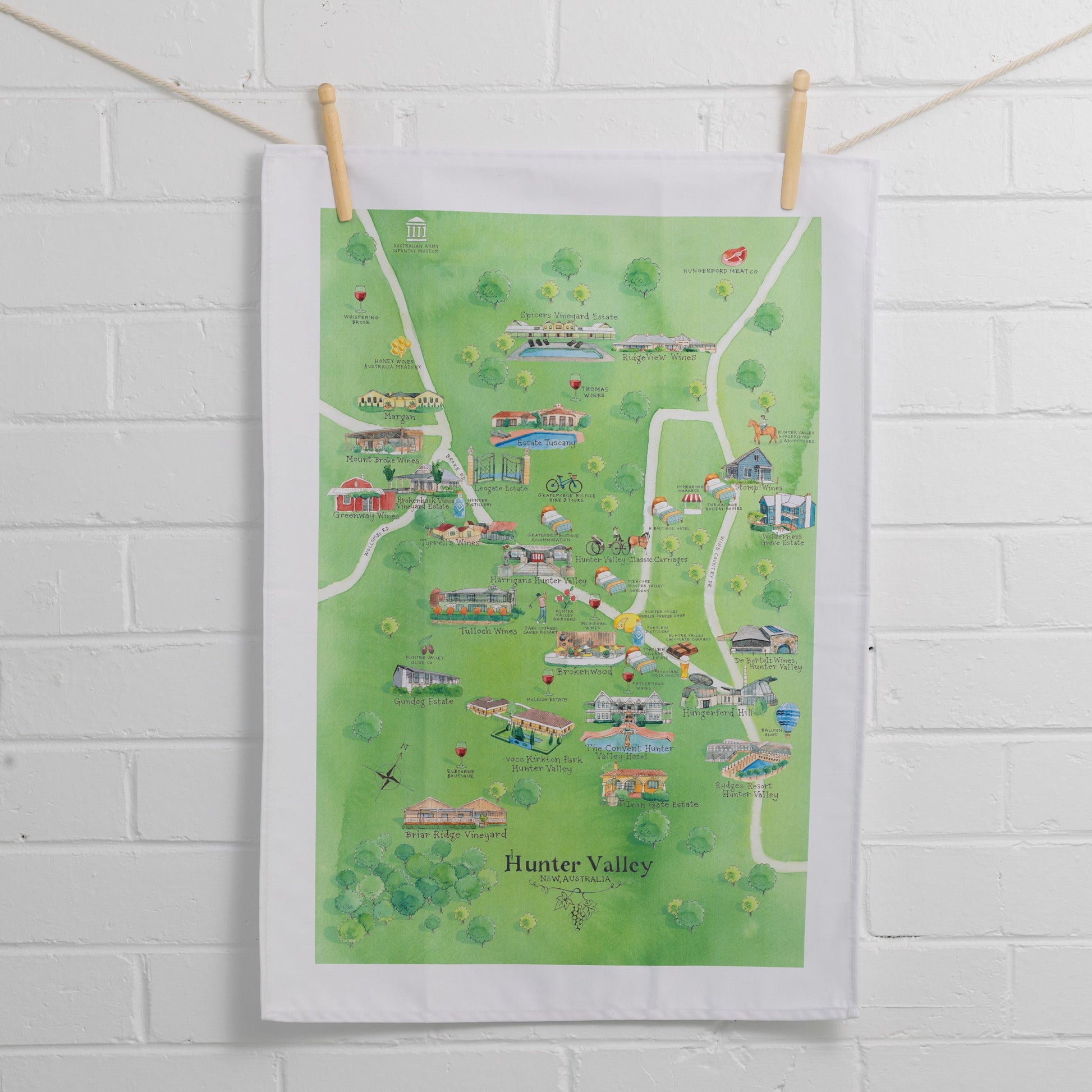 Hunter Valley 3.0 wine region map tea towel PRE-ORDER suspended on wall