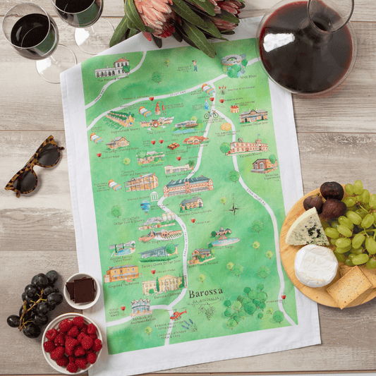 Updated design for Barossa wine region map tea towel styled
