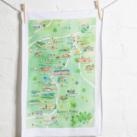 Barossa Valley wine region map tea towel original design iteration suspended on wall