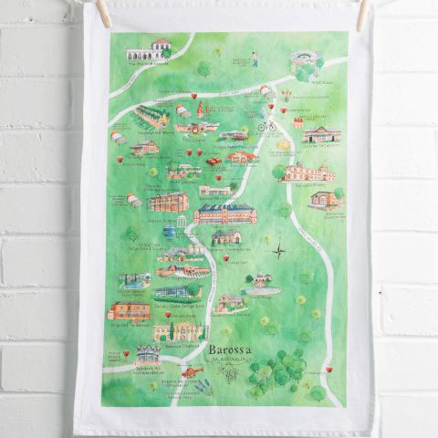 Updated design for Barossa wine region map tea towel suspended on wall