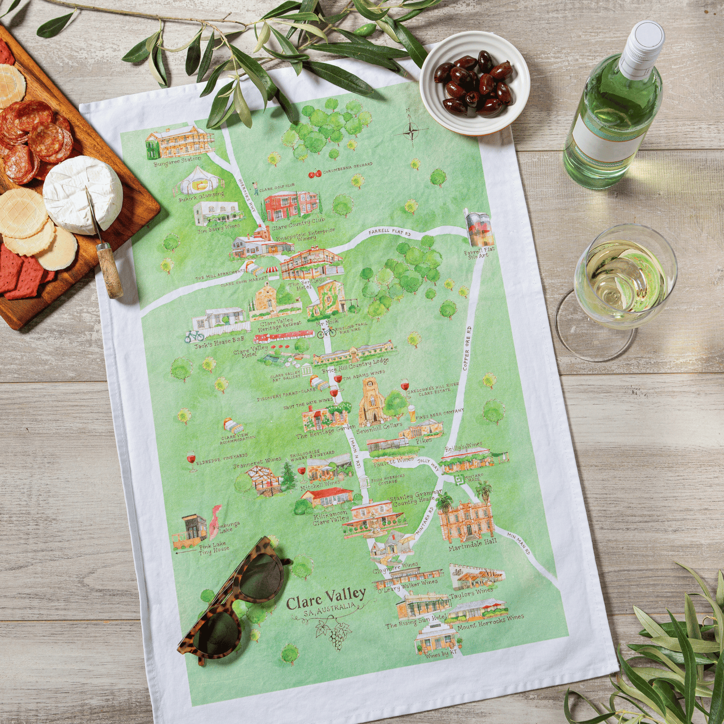 Clare Valley wine region map tea towel styled
