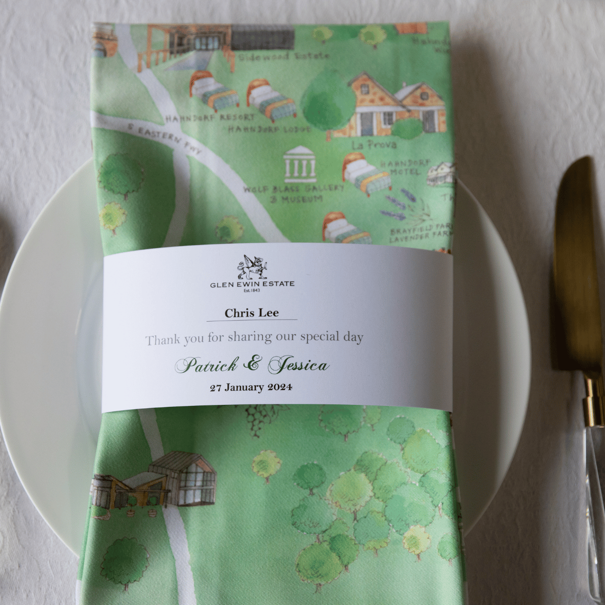 Adelaide Hills tea towel used as a thank you gift and personalised placecard