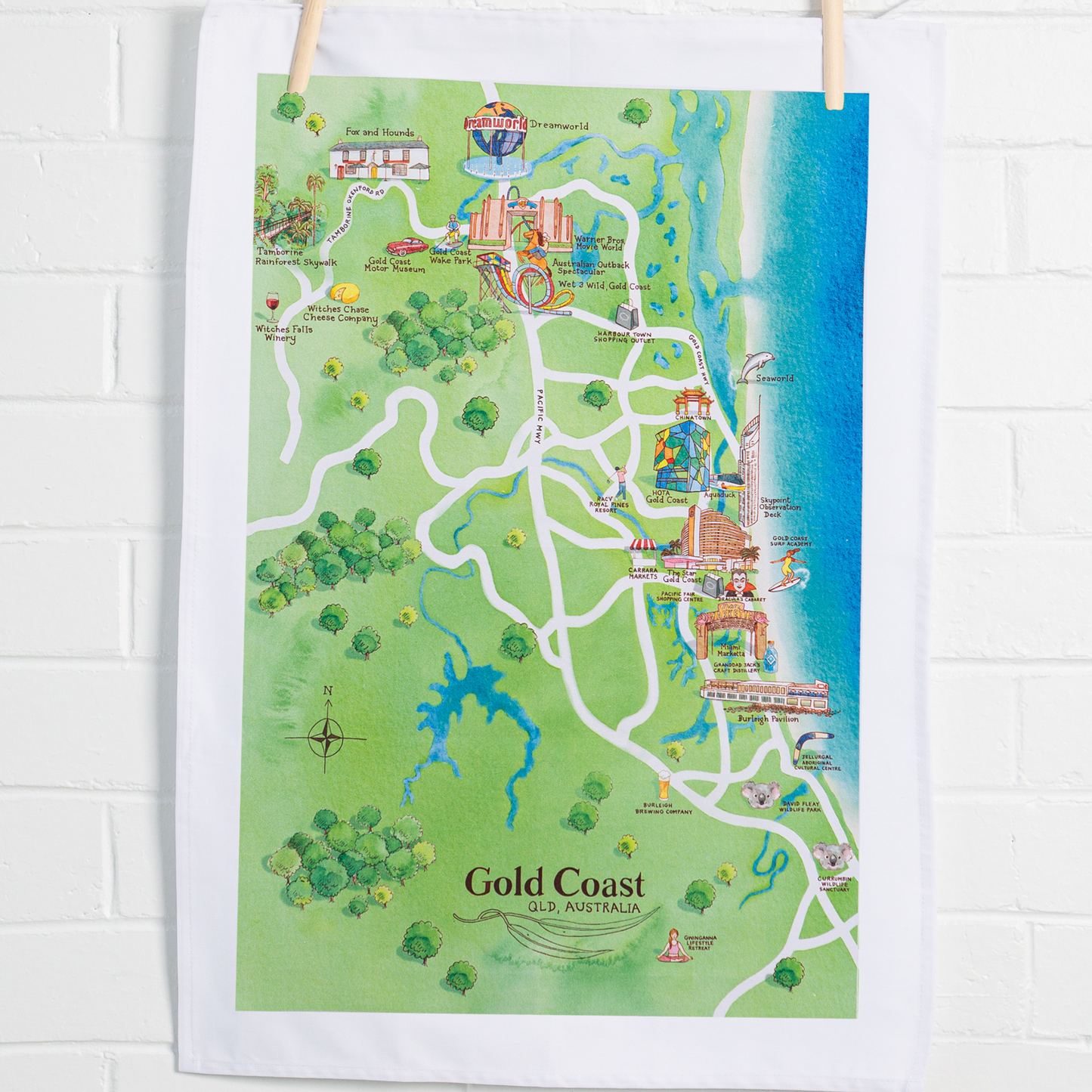 The perfect illustrated map tea towel gift for friends and family who live on or love visiting the Gold Coast
