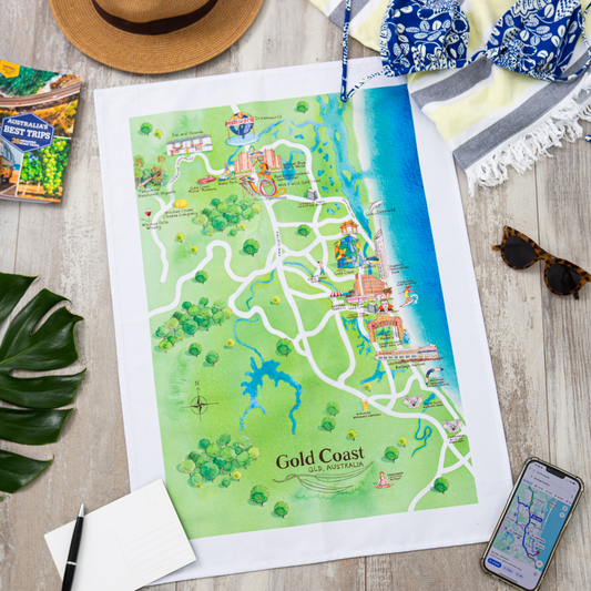 The perfect illustrated map tea towel gift for friends and family who live on or love visiting the Gold Coast