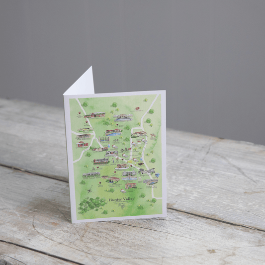 The perfect illustrated map blank inside greeting card for friends and family who live on or love visiting the Hunter Valley