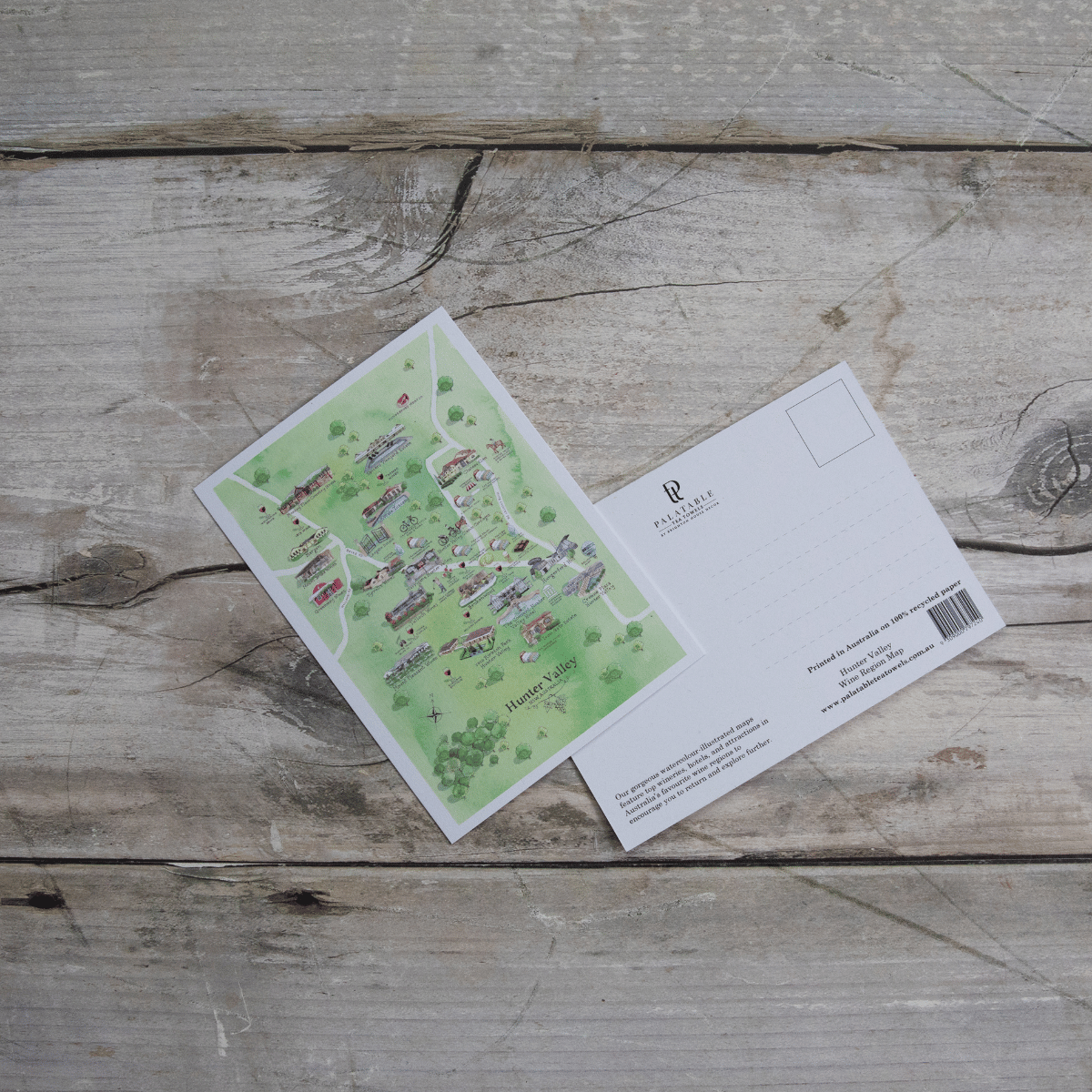 The perfect illustrated map postcard for friends and family who live on or love visiting the Hunter Valley