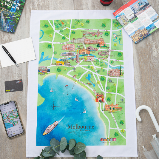 The perfect illustrated map cotton tea towel gift for friends and family who live in or love visiting Melbourne VIC