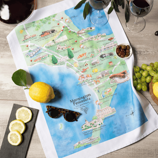 Original design of Mornington Peninsula wine region map tea towel styled