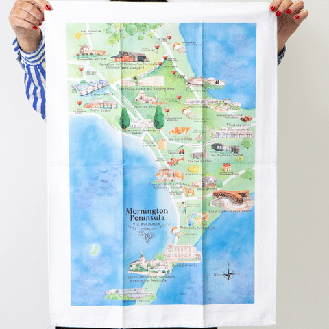 Original design of Mornington Peninsula wine region map tea towel stretched out