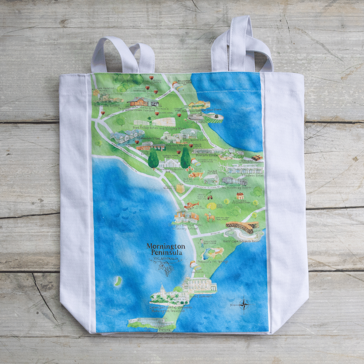 The perfect illustrated map canvas tote bag gift for friends and family who live in or love visiting Mornington Peninsula VIC