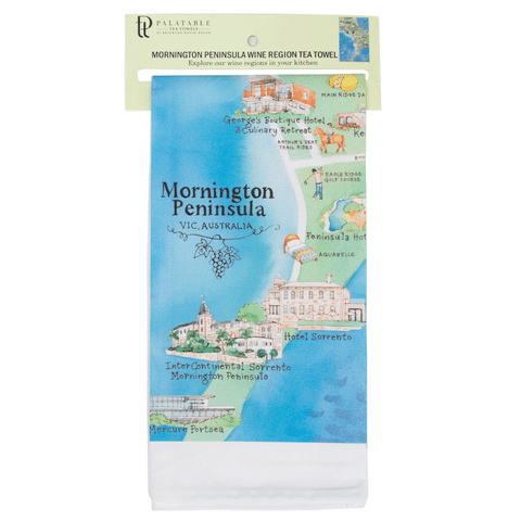 Original design of Mornington Peninsula wine region map tea towel retail ready