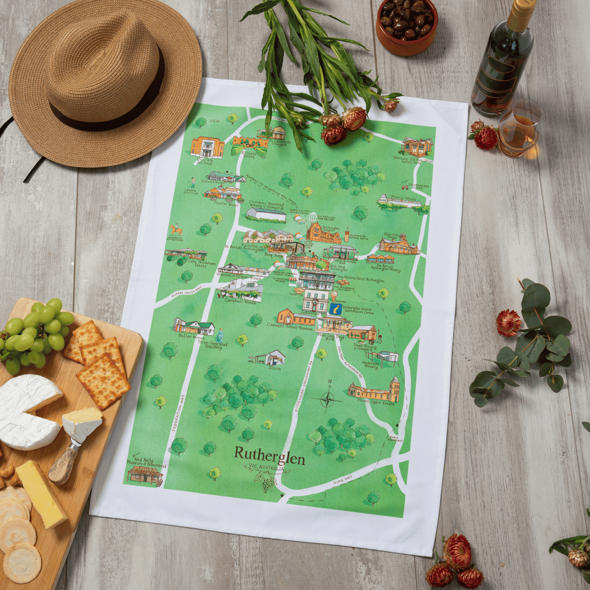 Rutherglen VIC wine region map tea towel styled