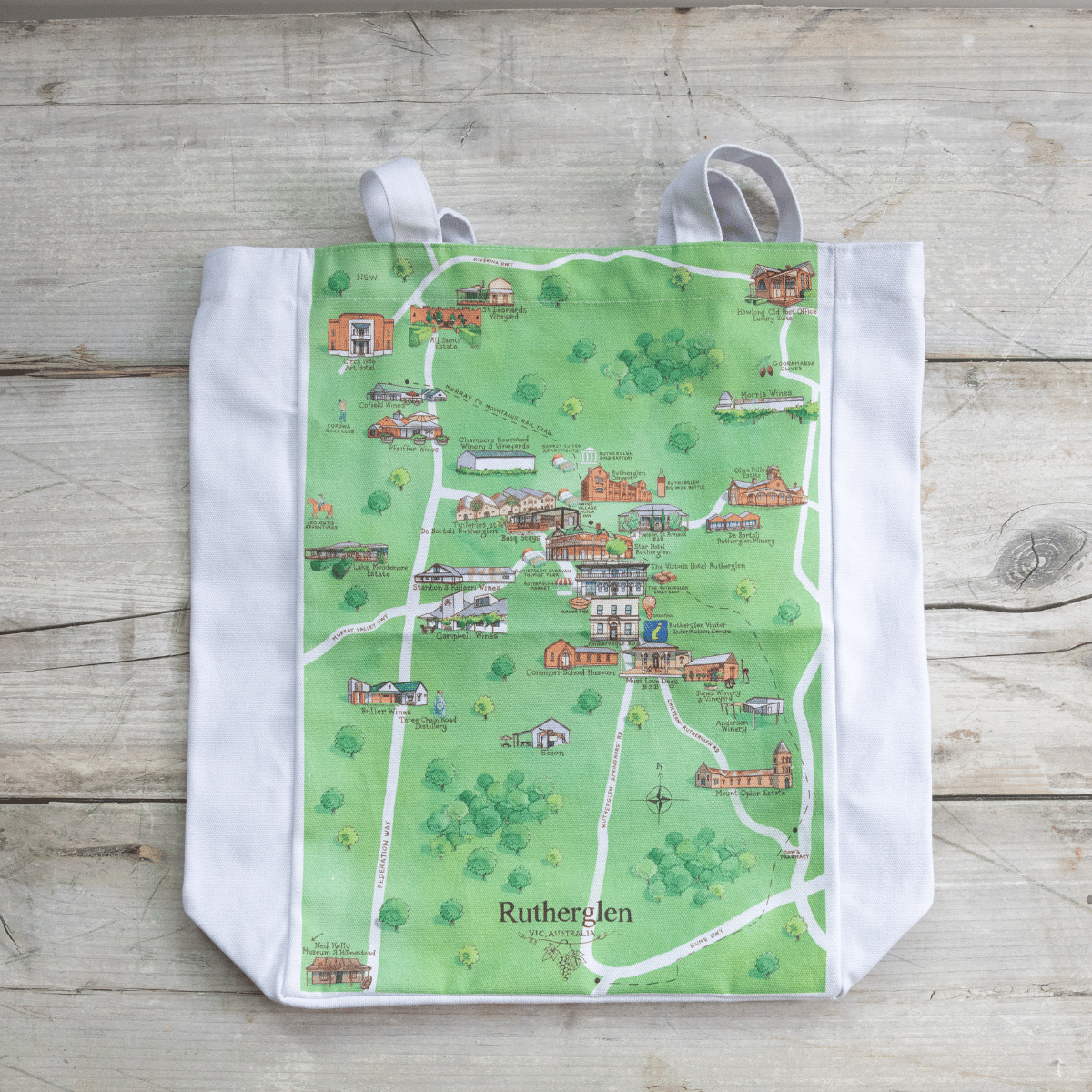 The perfect illustrated map canvas tote bag gift for friends and family who live in or love visiting Rutherglen VIC