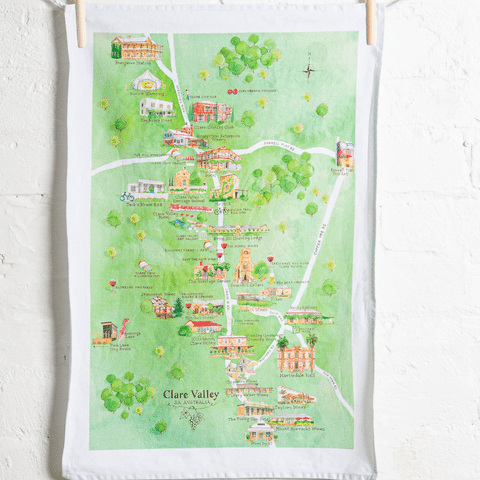 Clare Valley wine region map tea towel on wall