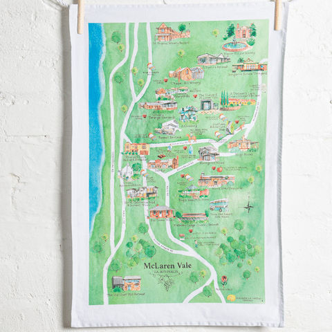 McLaren Vale wine region map tea towel on wall